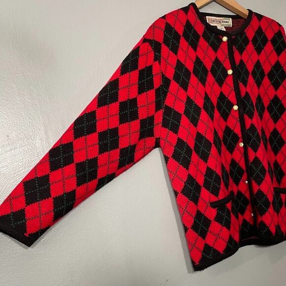 Vintage Boxy Red Argyle Plaid Sweater Size L Cardigan Gold Buttons Twee Academia - Picture 2 of 9